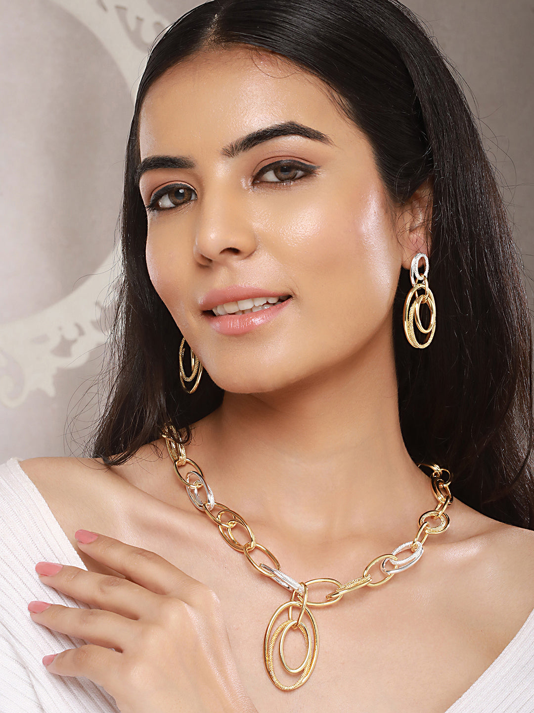 Anti-Tarnish Dual Plated Interlocking Hoop Chain Necklace Jewellery Set
